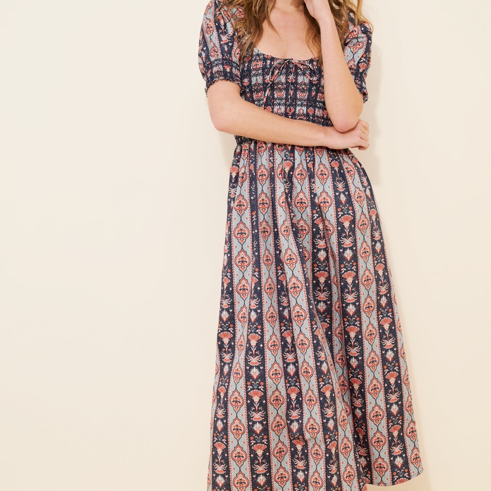 Hill House Madeline Nap Dress Navy and Coral/Red Midi Dress - Picture 4 of 4